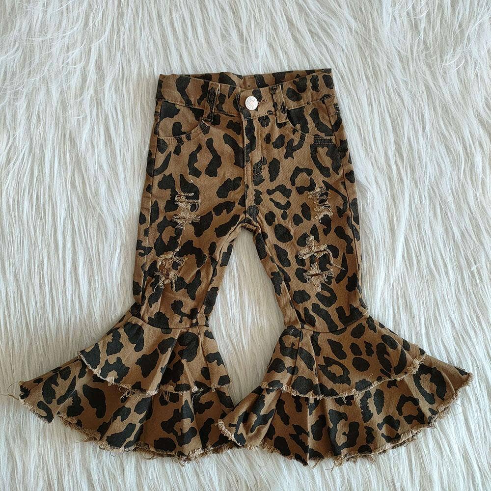Girls leopard double ruffle Distressed denim pants