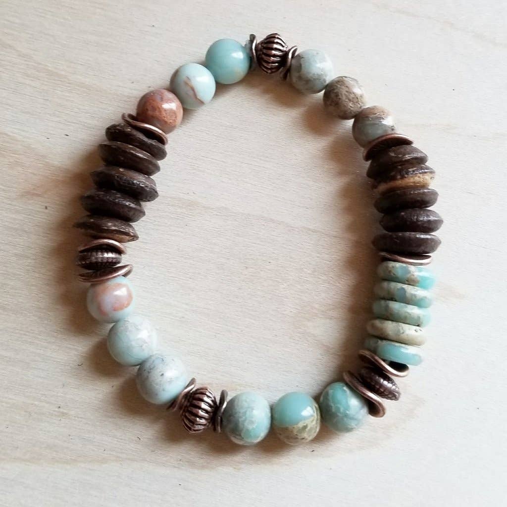 Aqua Terra and Wood Beaded Bracelet
