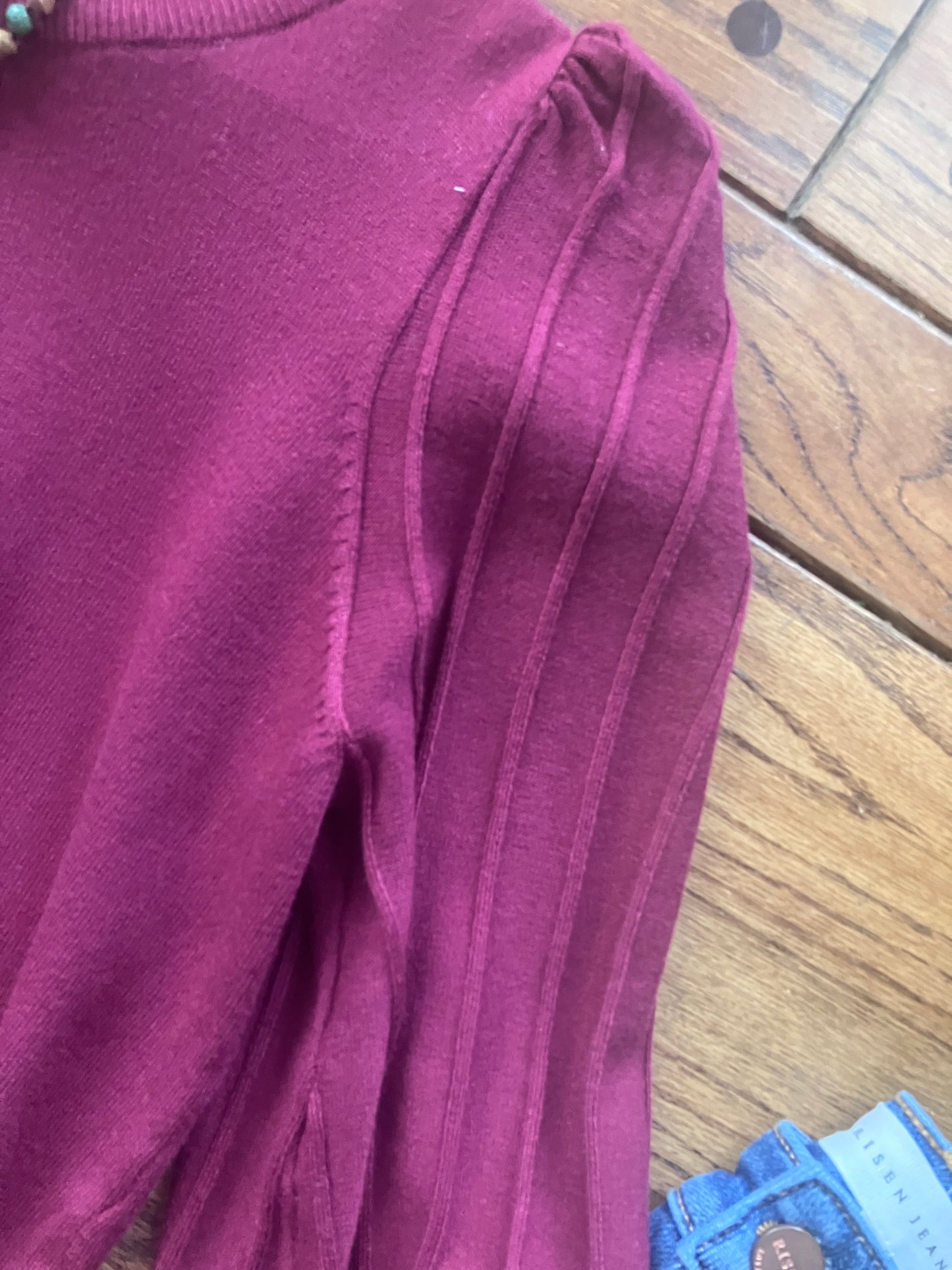 Wine colored puff sleeve top by Farm Wife Threads - soft knit with ribbed detailing.