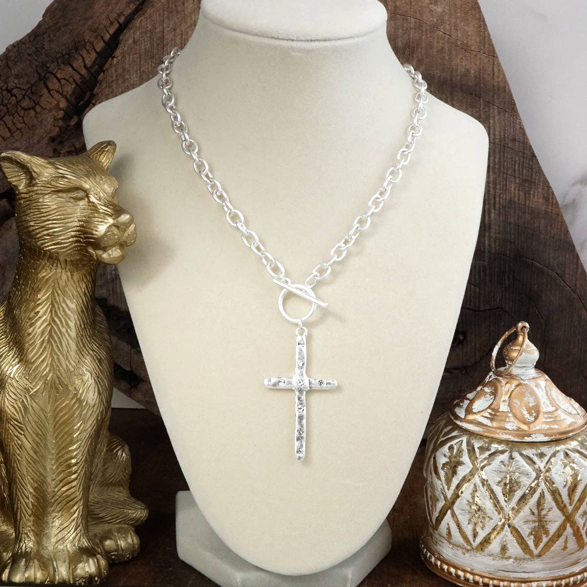 Hammered Cross Front Toggle Necklace