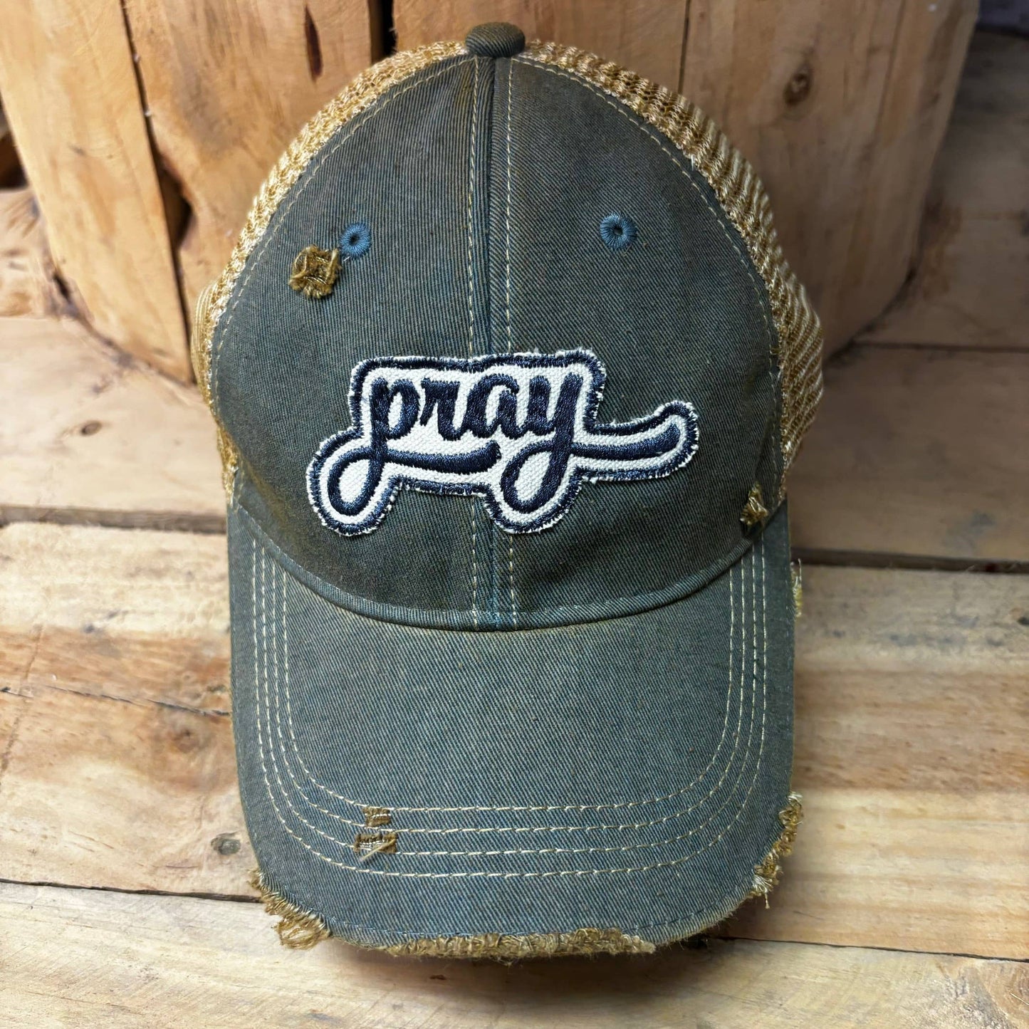 Pray Distressed Tan Mesh Baseball Cap