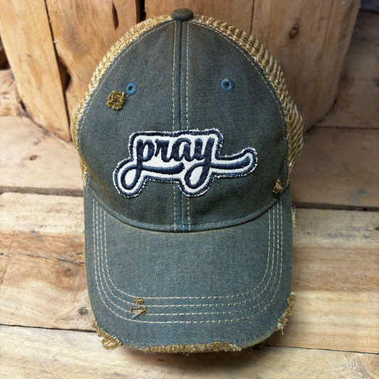 Pray Distressed Tan Mesh Baseball Cap