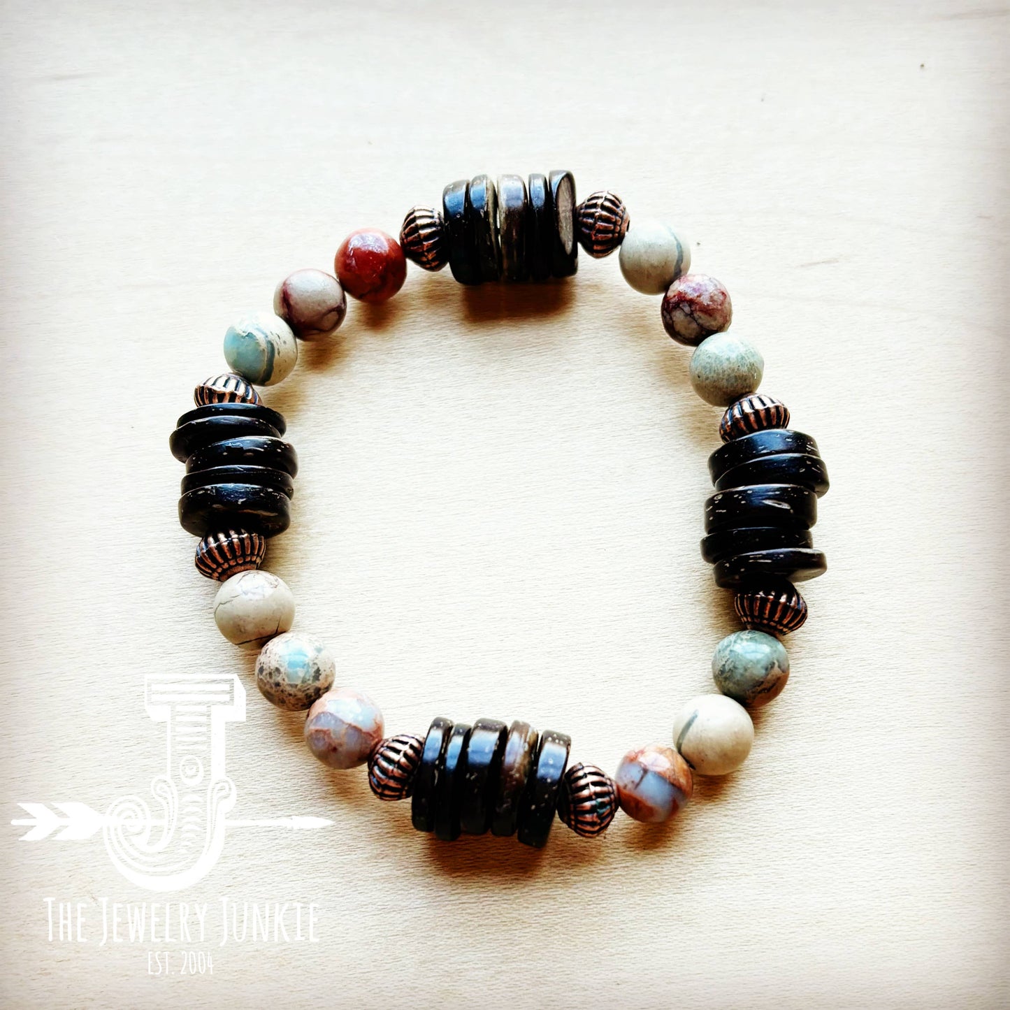 Aqua Terra and Wood Beaded Bracelet