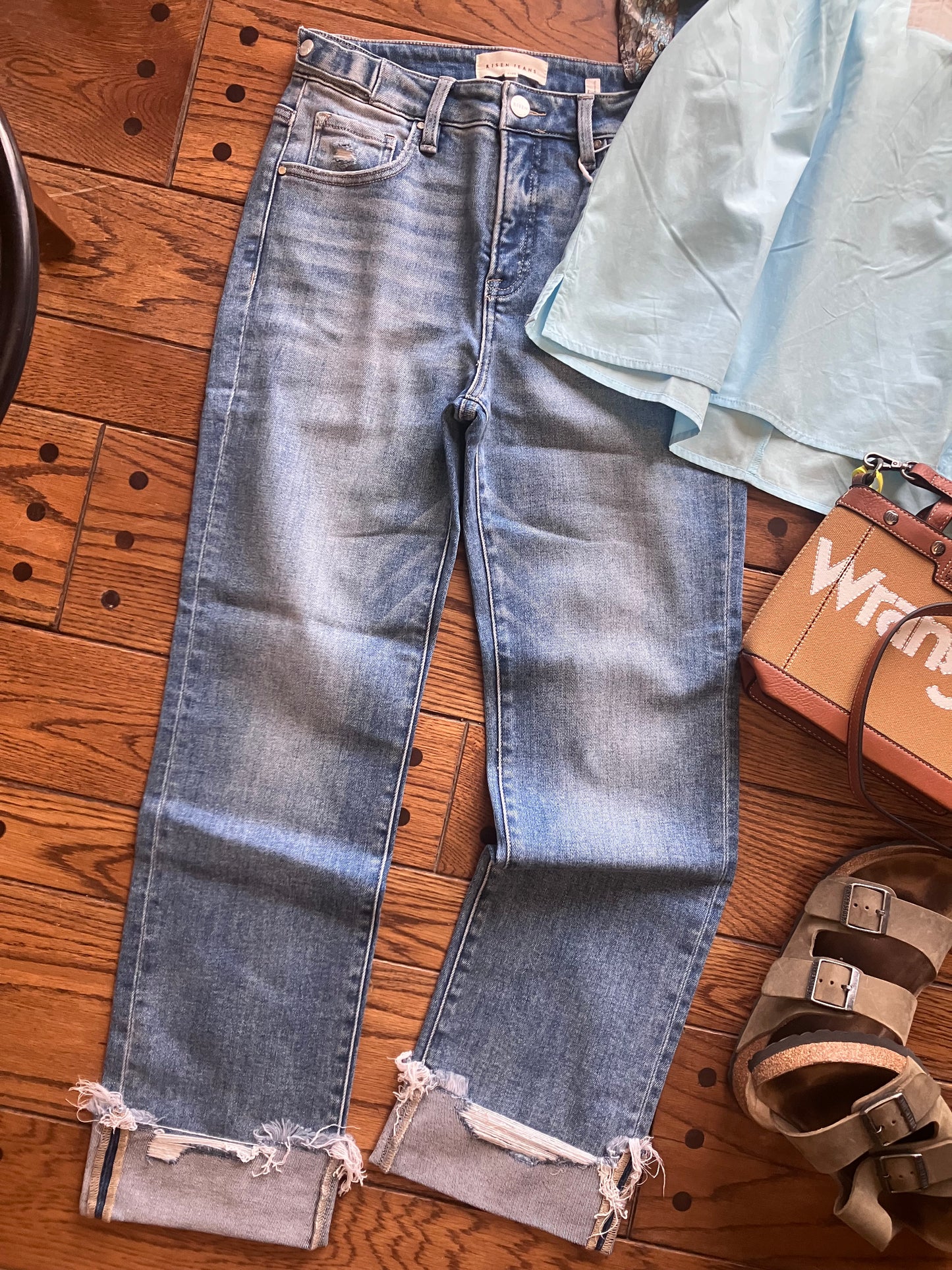 Tummy Control High Rise Crop Straight Cuffed Jeans