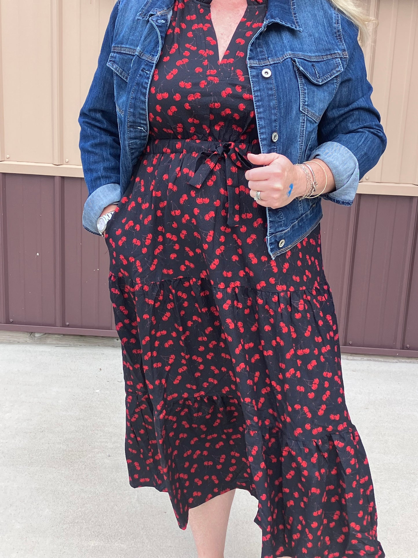 Cherry Ruffle Trimmed Midi Dress