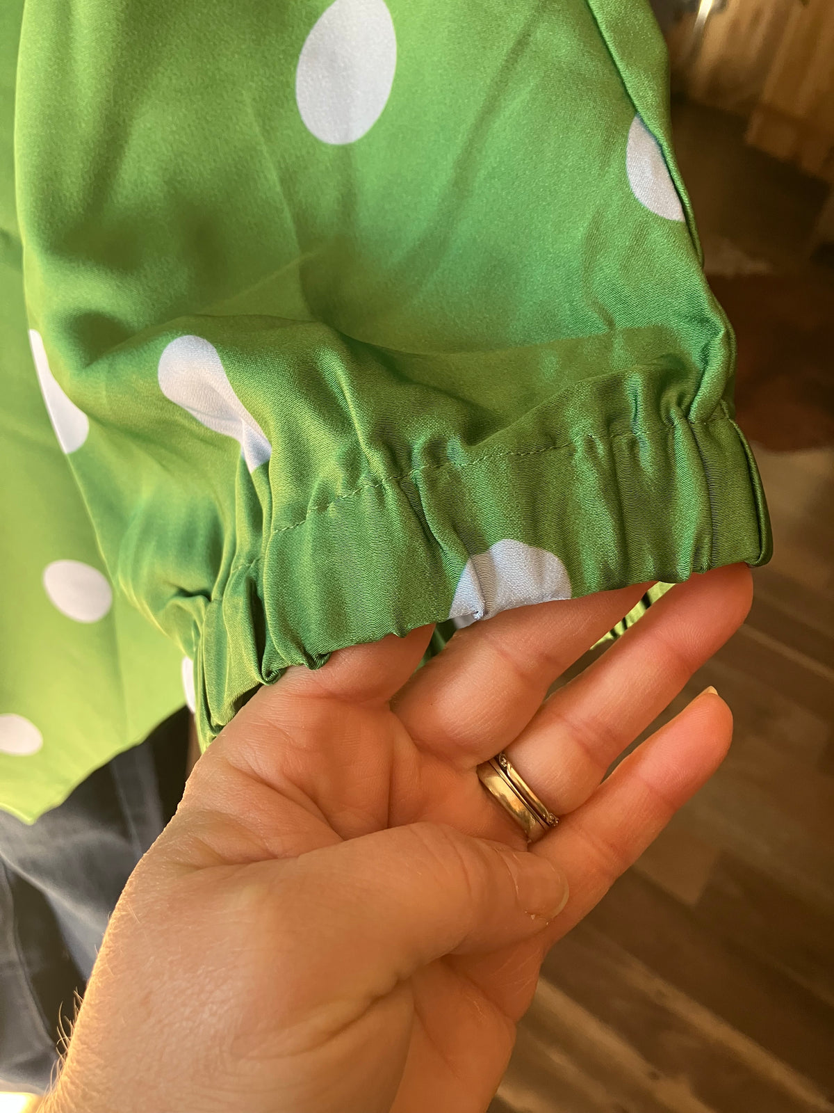 Green Polka Dot Satin V-Neck Top