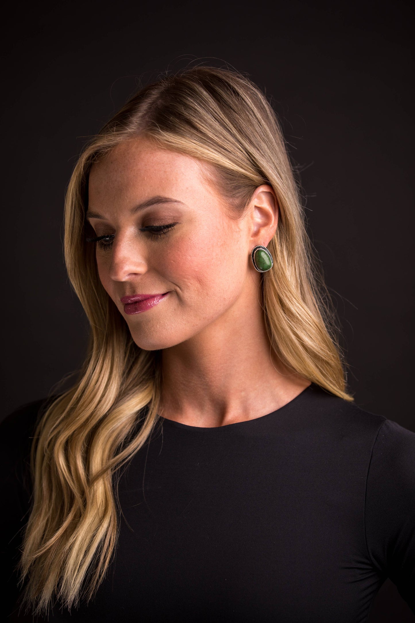 Green Post Earring with Burnished Silver Rope Border