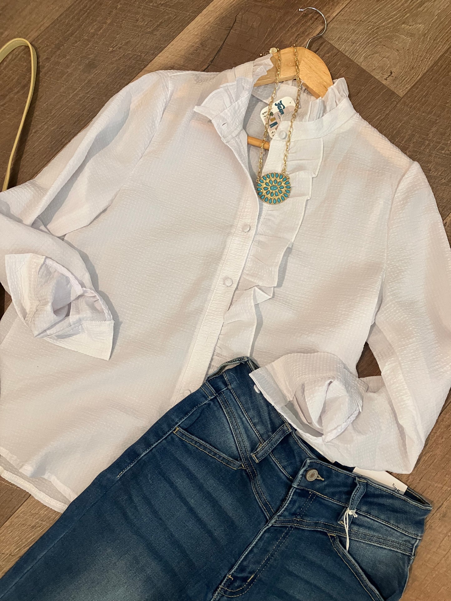 Button Down Long Sleeve Ruffle Detailed Blouse