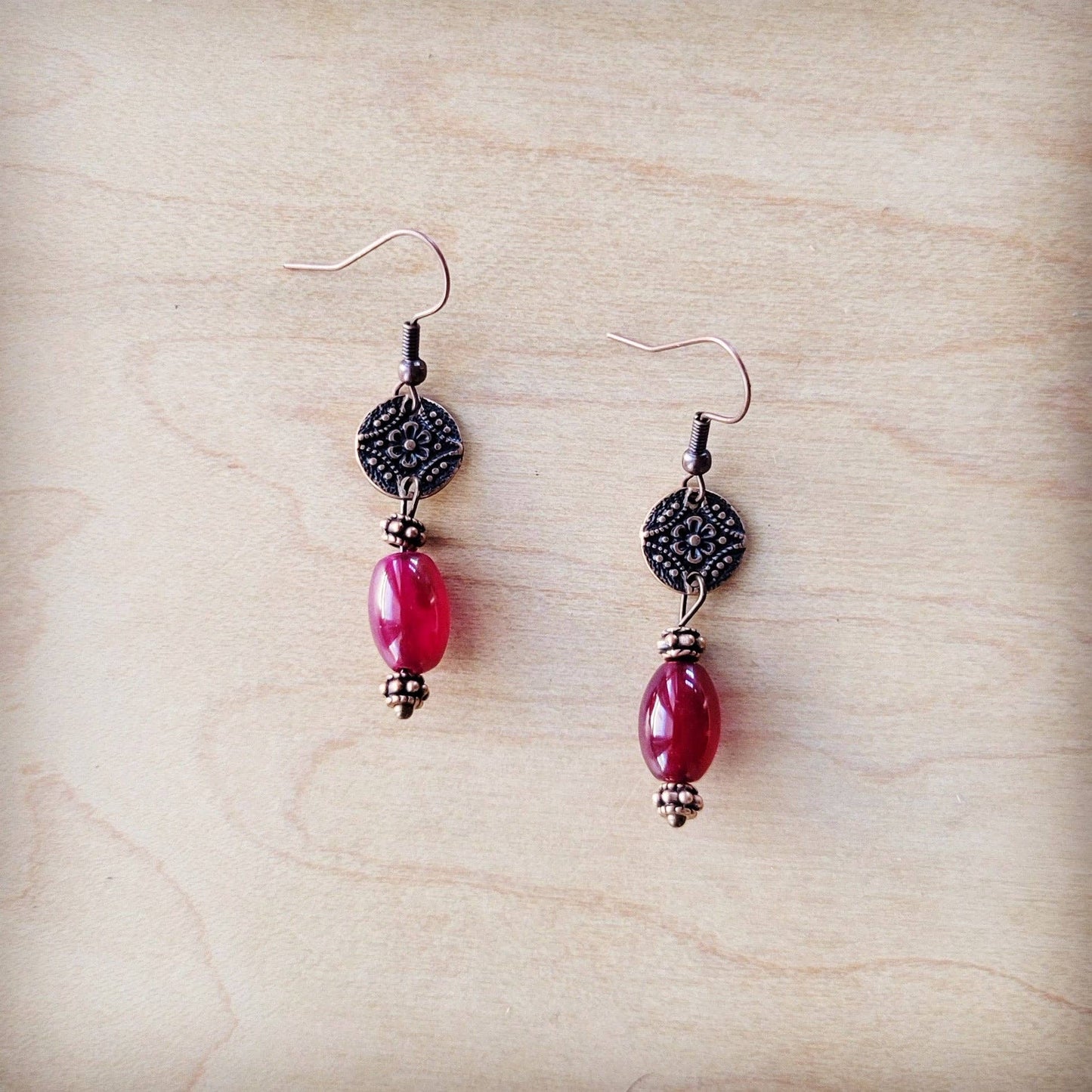 Natural Pink Jade Earrings w/ Copper Scroll Accent