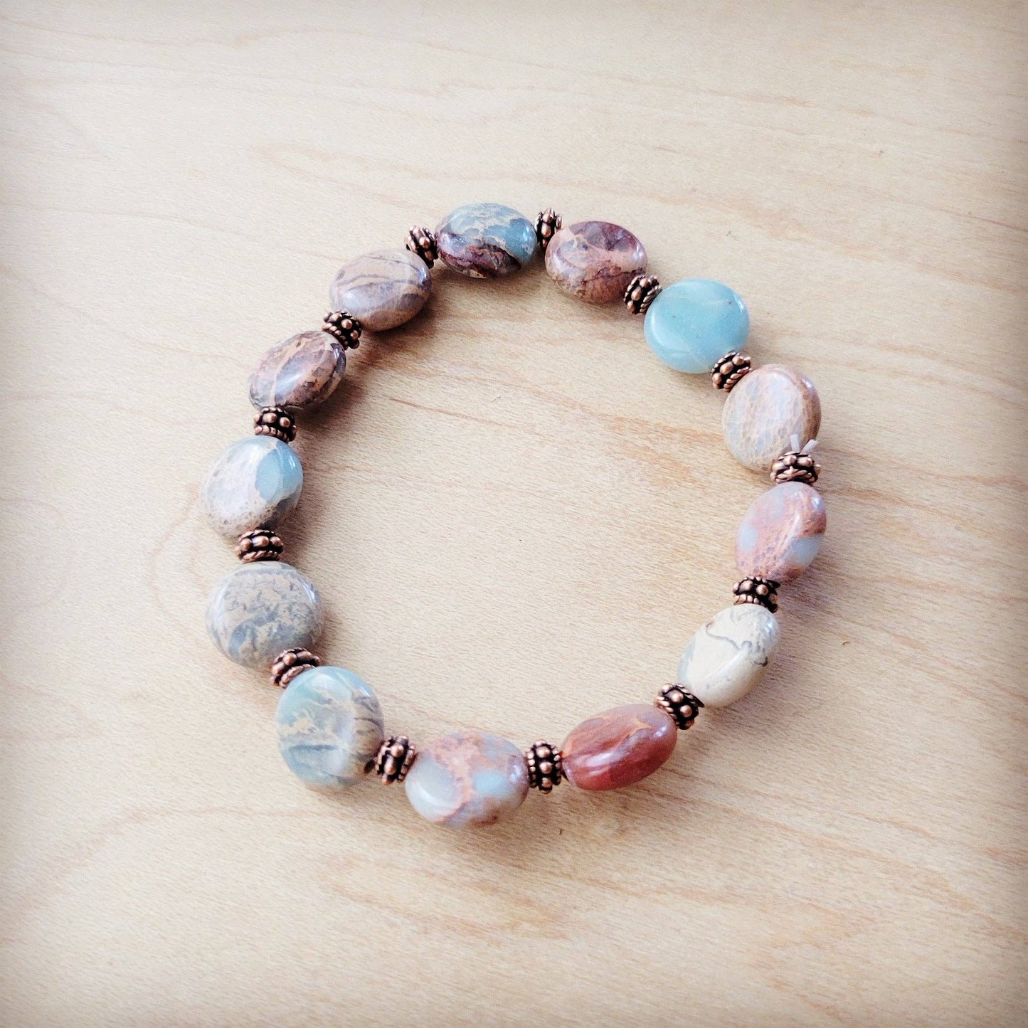 Genuine Aqua Terra Round Beaded Bracelet w/ Copper Accents