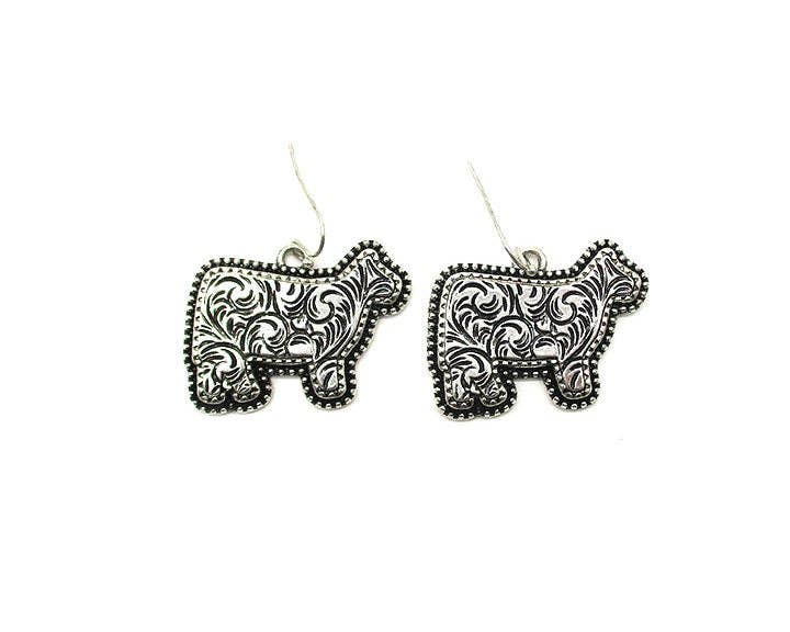 Etched Cow Dangle Earrings