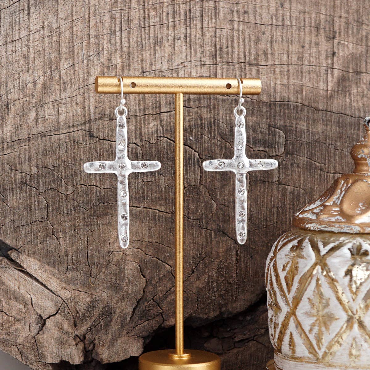 Hammered Cross Crystal Drop Earrings