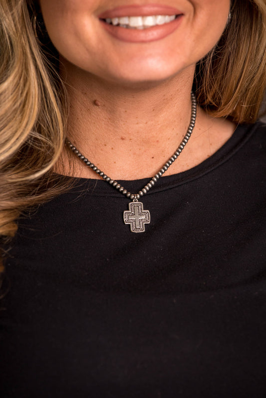 Dainty Faux Navajo Pearl Necklace with Cross Charm