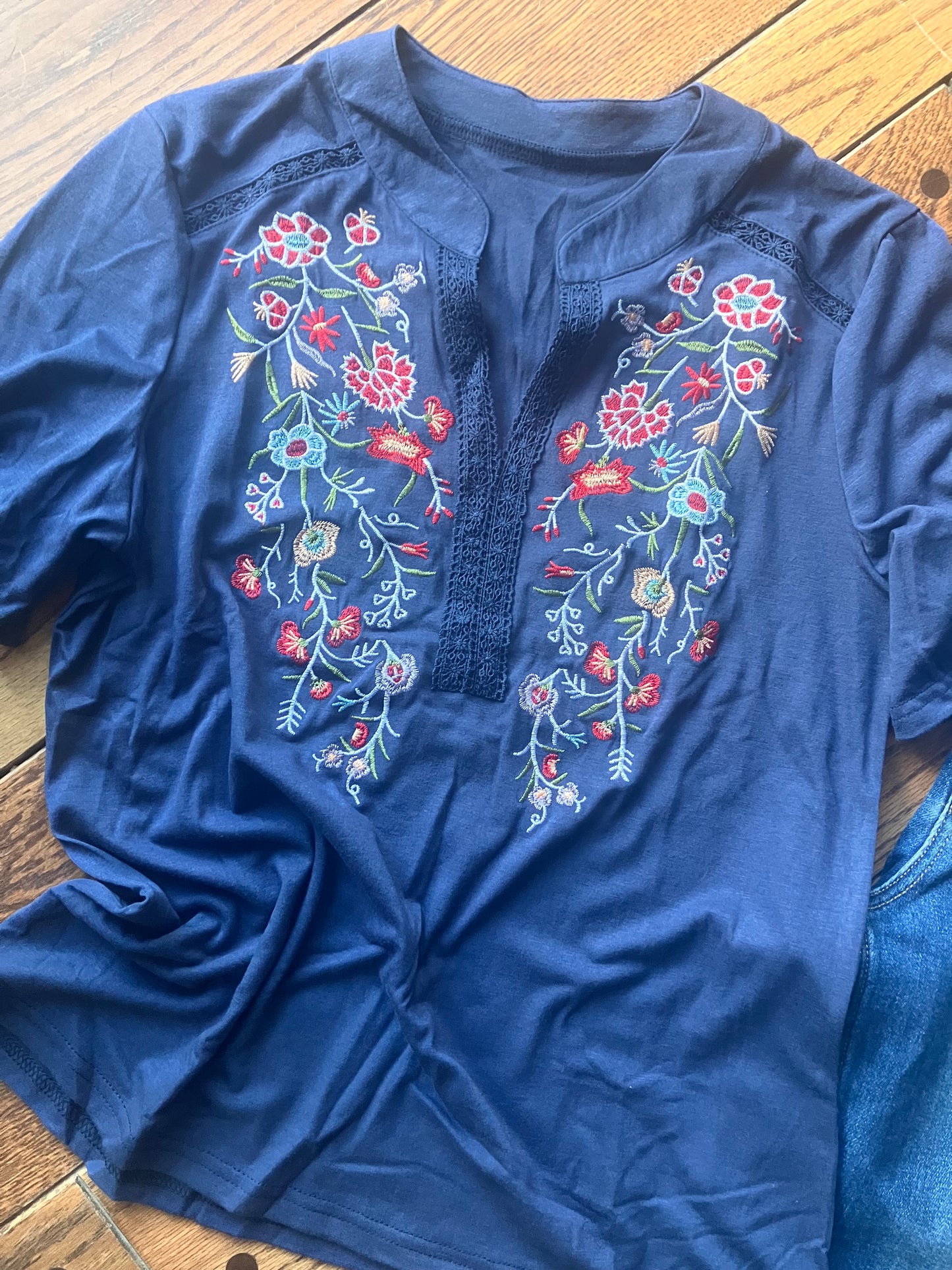 Blue embroidered floral lace summer top from Farm Wife Threads