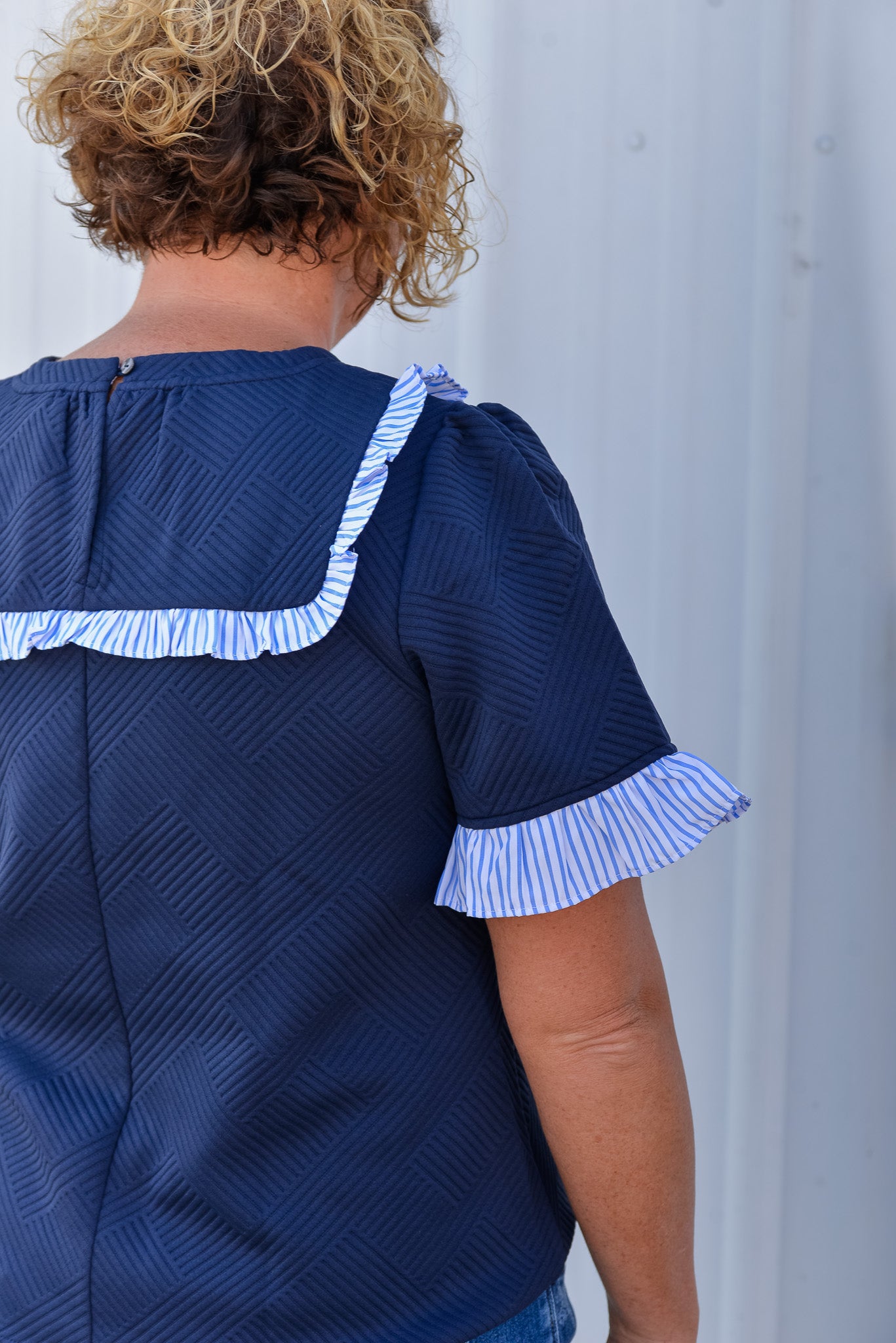 Striped Ruffle Detail Quilted Knit Top
