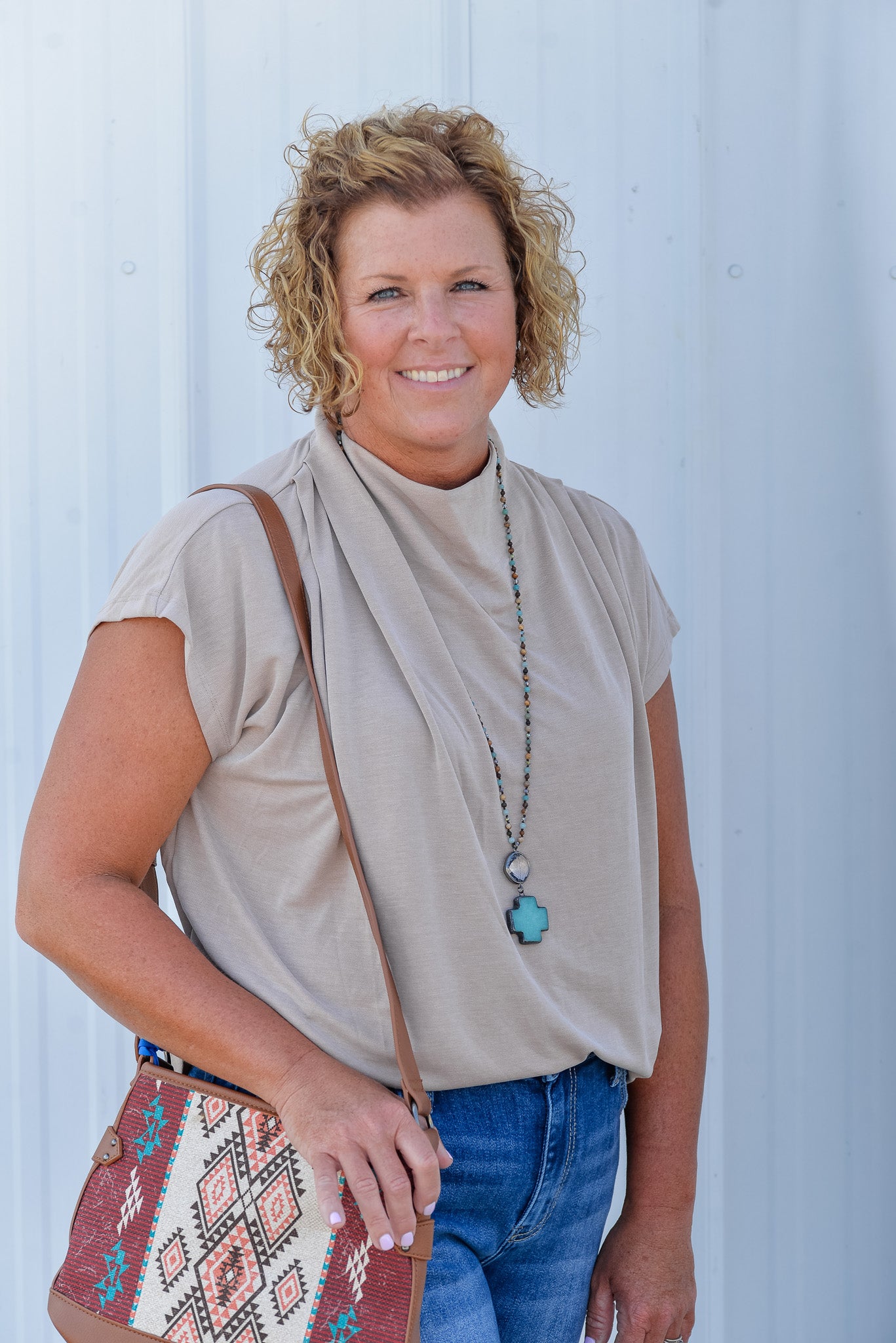 Draped Shoulder Top in taupe