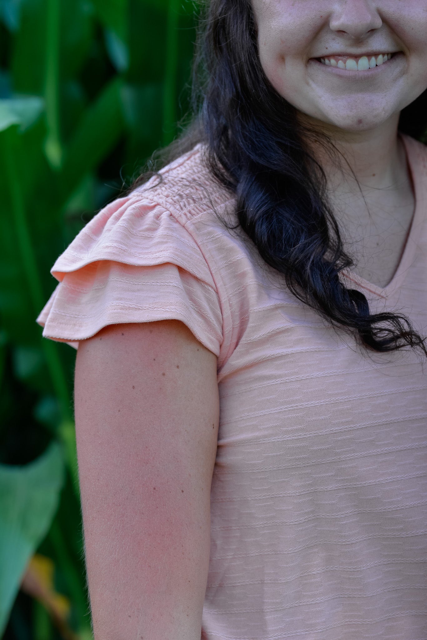 Textured Knit V-Neck Ruffle Cap Sleeve Top