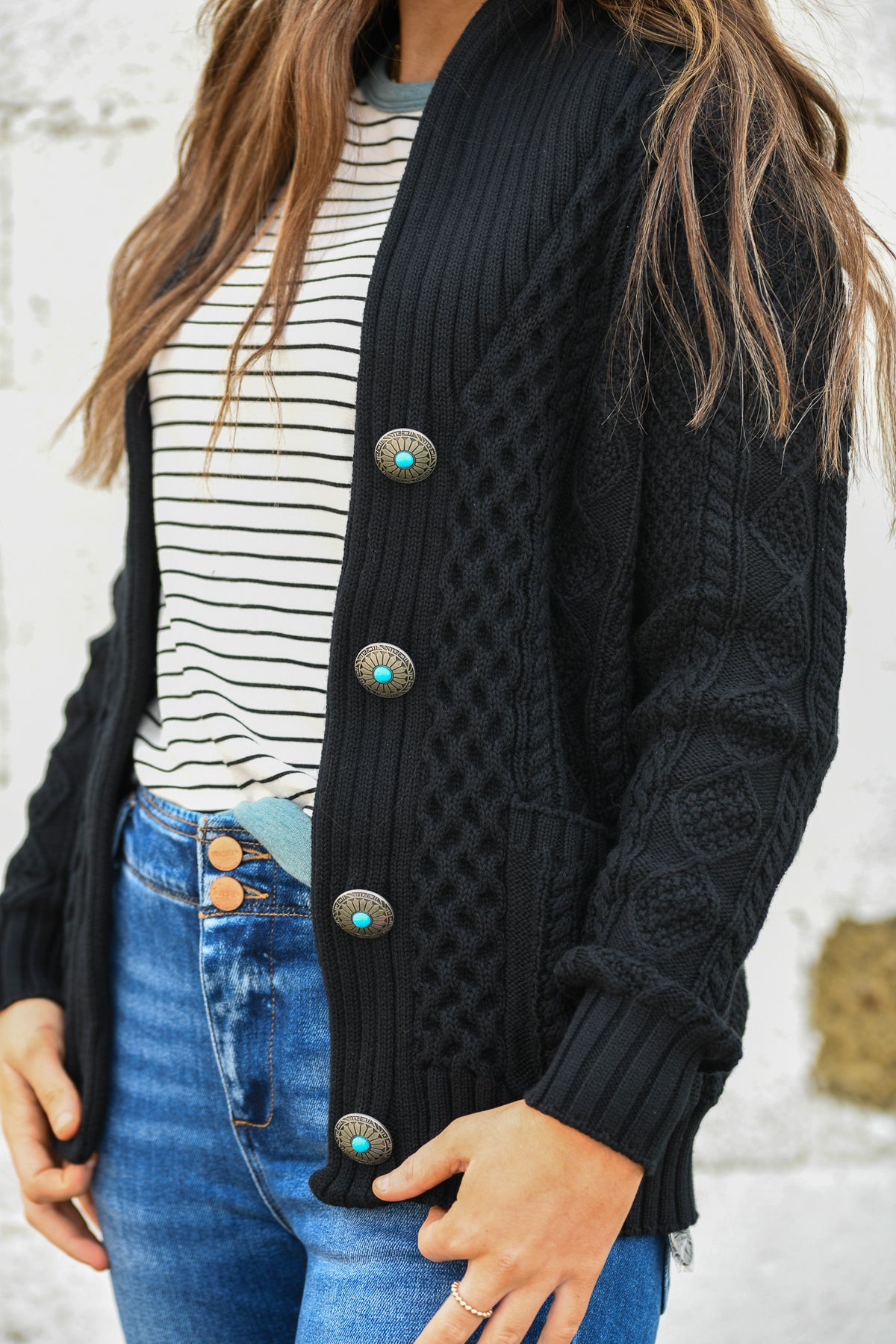 Rodgers Black Cable Knit Concho Cardigan