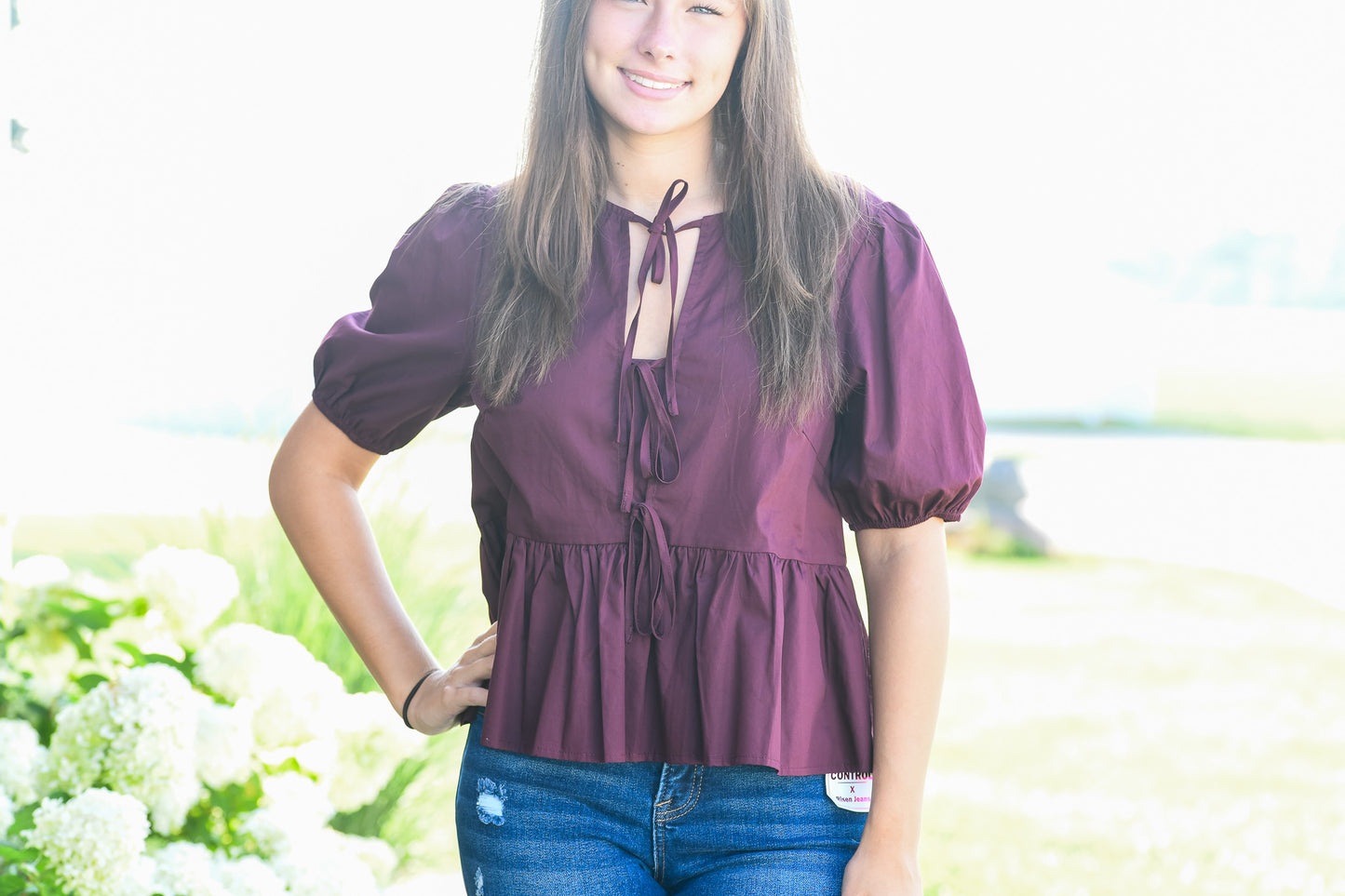Front ties puff sleeve in wine