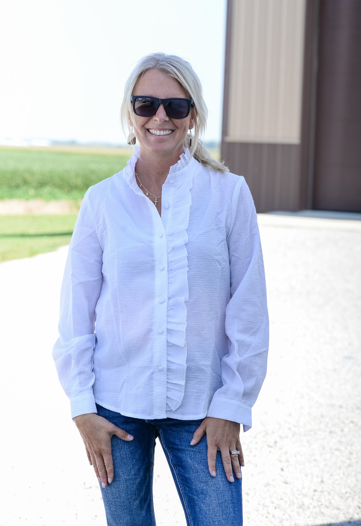 Button Down Long Sleeve Ruffle Detailed Blouse