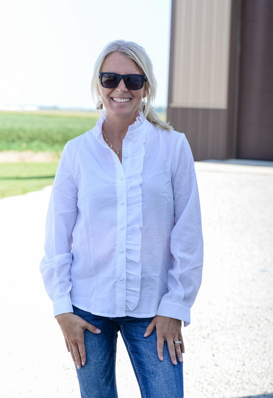 Button Down Long Sleeve Ruffle Detailed Blouse
