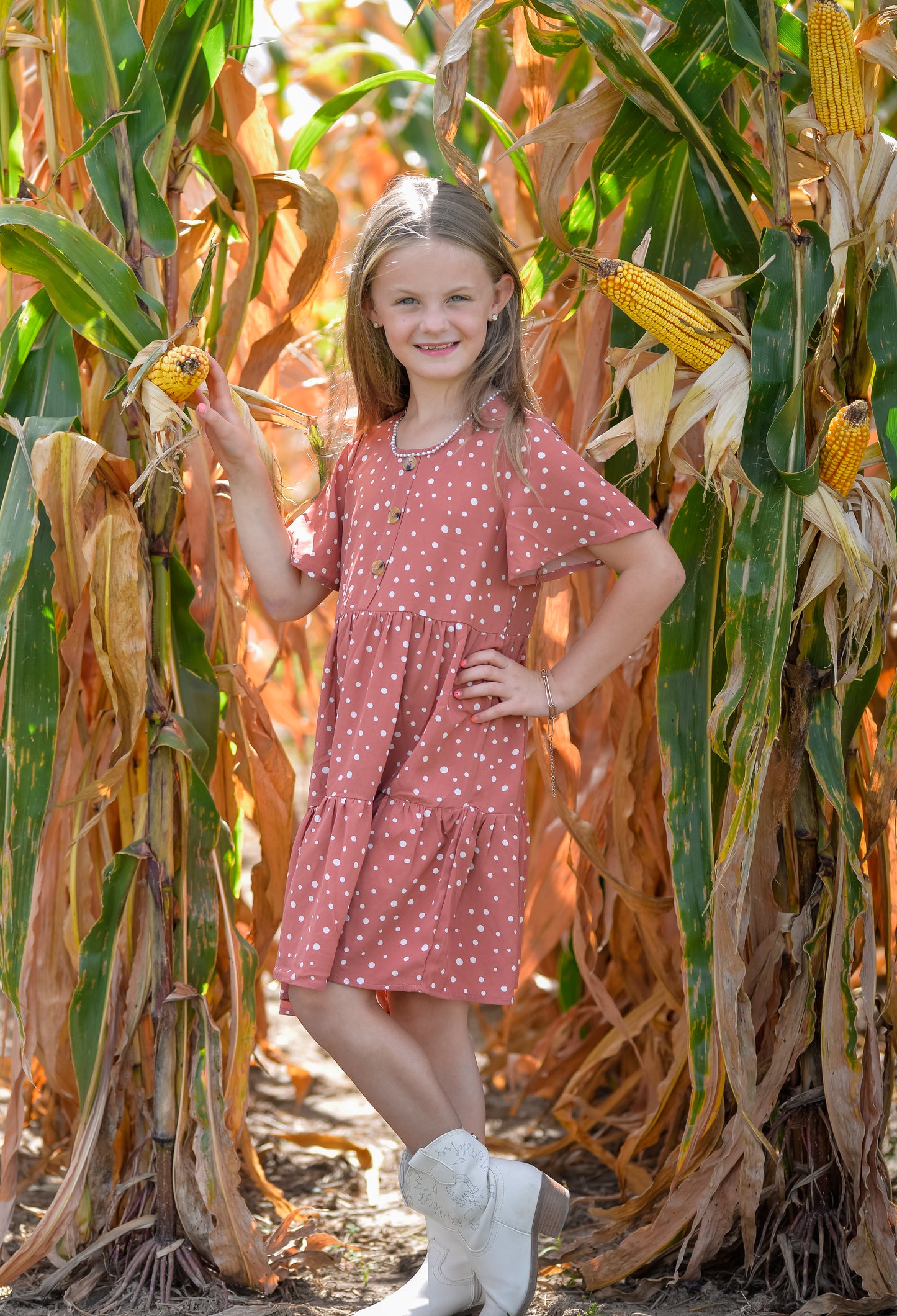Girls' Polka Dot Button Detail Mini Dress
