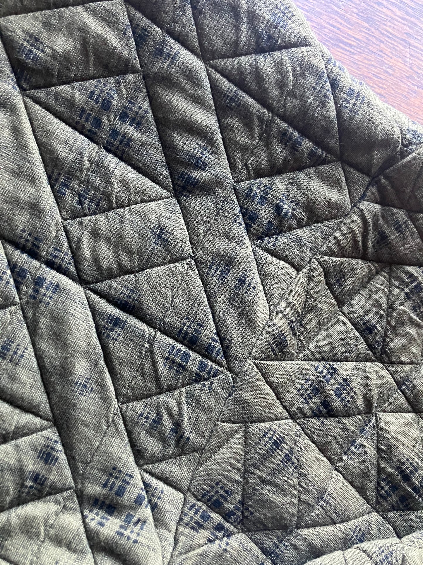 Military Green Quilted Pullover with Black Plaid Overlay