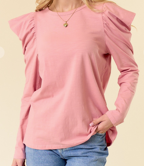 POPPY Coral Pink Long Sleeve Top with Puff Sleeves- Farm Wife Threads