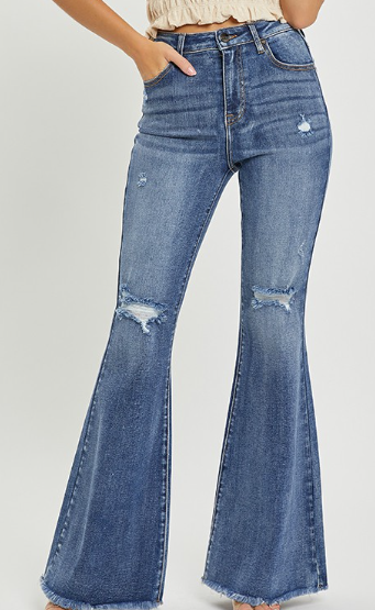 Risen High Rise Knee Distressed Flare Jeans