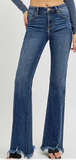 Mid Rise Flare Denim with Frayed Hem
