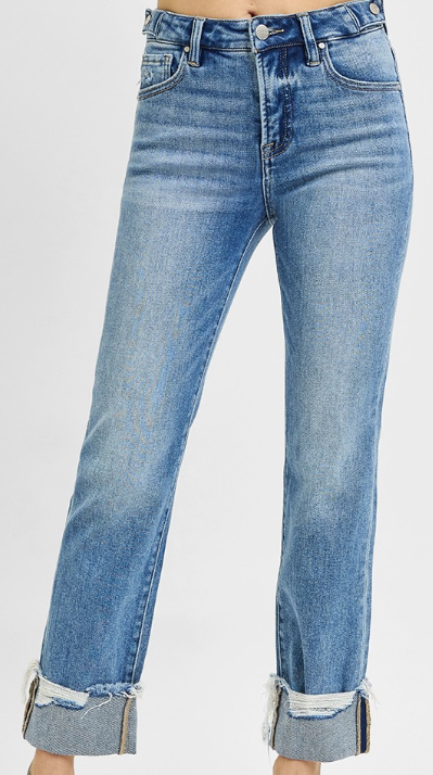 Tummy Control High Rise Crop Straight Cuffed Jeans