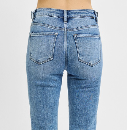 Tummy Control High Rise Crop Straight Cuffed Jeans