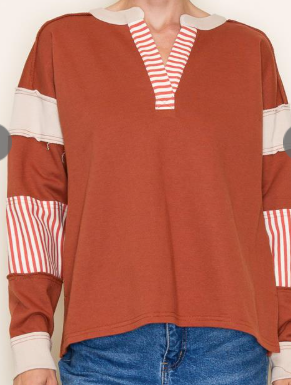 Mixed Stripes Colorblock Pullover Knit Rust Top