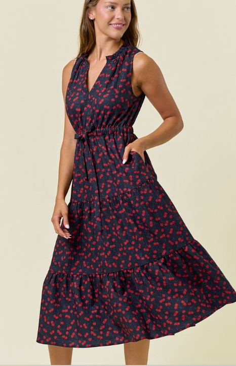 Cherry Ruffle Trimmed Midi Dress