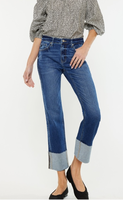 Mid Rise Crop Straight Denim Cuffed