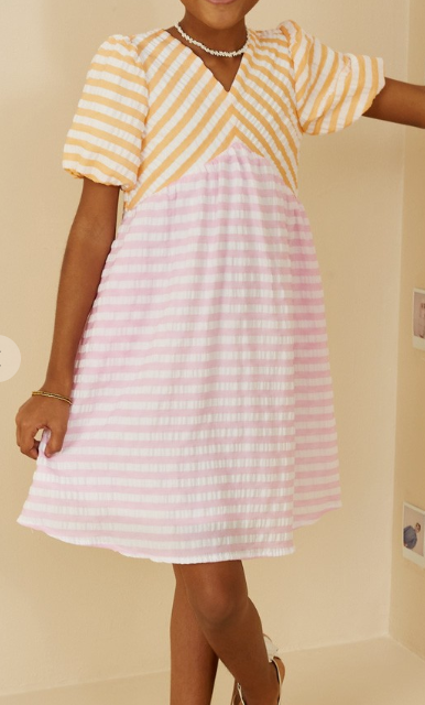 Girls' Color Blocked Mixed Seersucker Stripe Dress