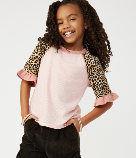 Girls' Cheetah Sleeve Raglan Knit Top 2 colors