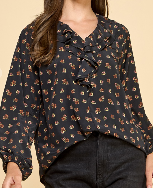 Ditsy Floral Ruffle V-Neck Blouse