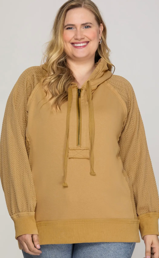 Contrast Sleeve Half Zip Hoodie Plus
