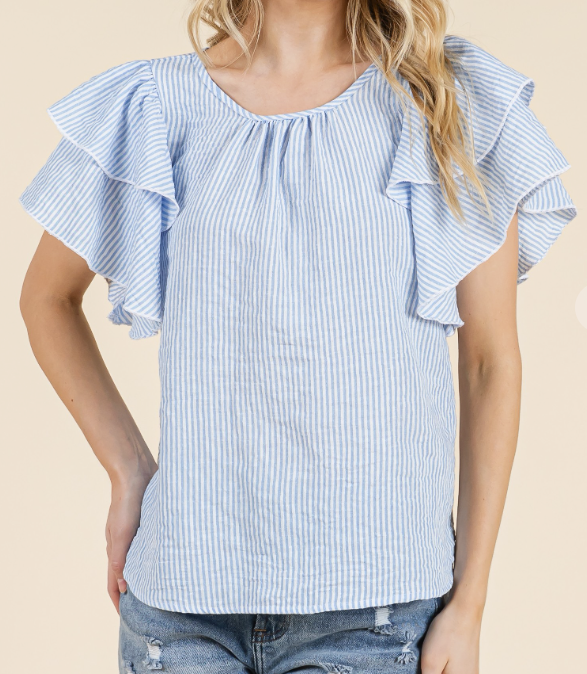 Women's blue and white striped top with layered ruffle sleeves, perfect for summer fashion.