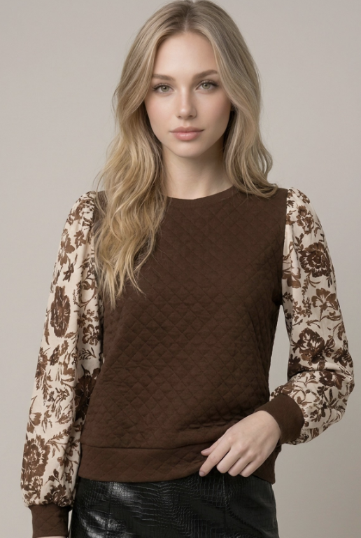 Quilted Floral Contrast Sleeve Top