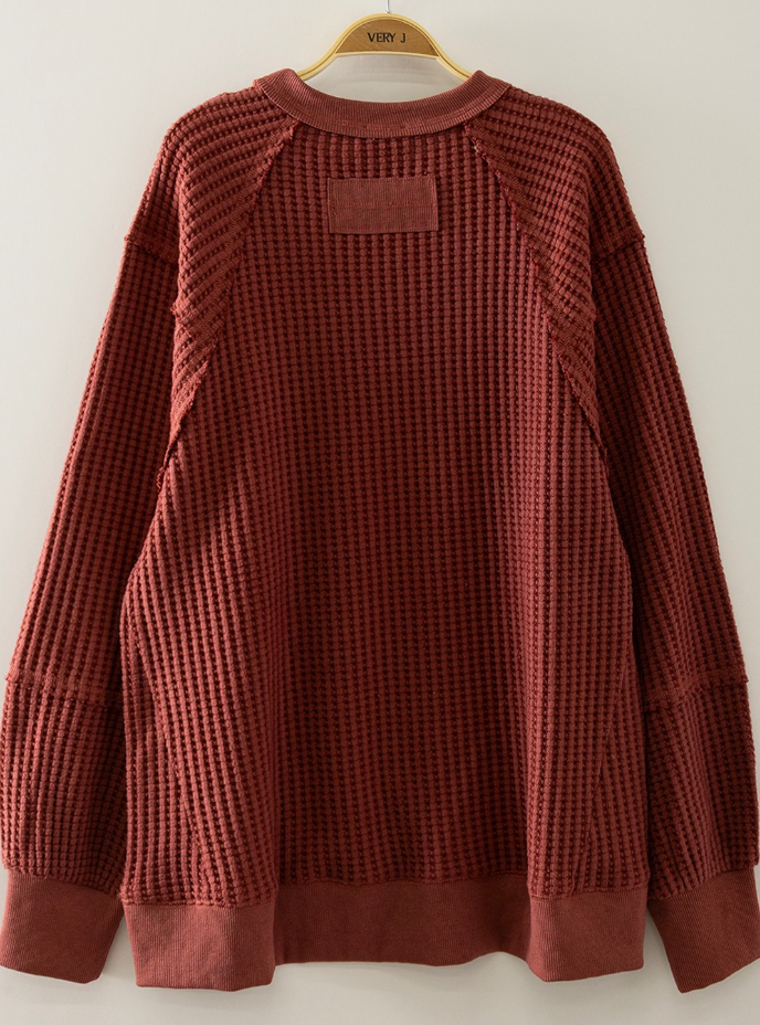 Burgundy Waffle Knit Contrast-Patch Pullover