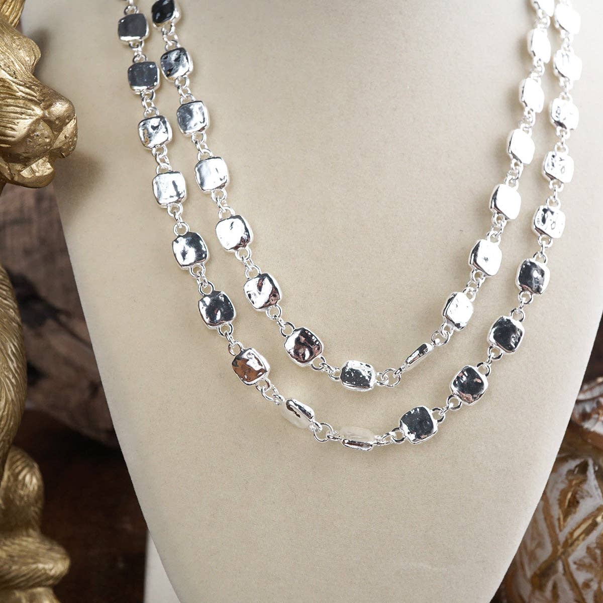 Textured Double Strand Square Link Necklace