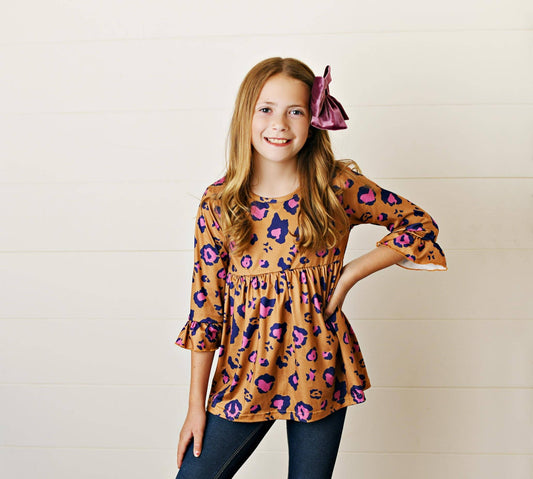 Girls Rust Leopard Ruffle Shirt