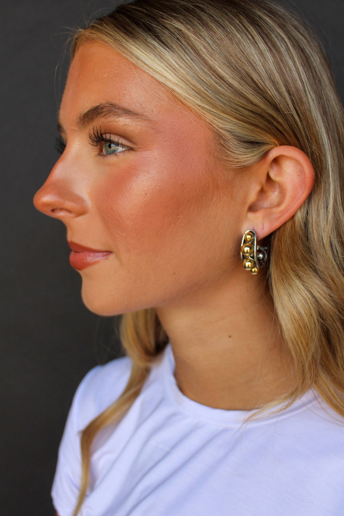 Two-Tone 18k Gold Plated Studded Half Hoop Post Earrings