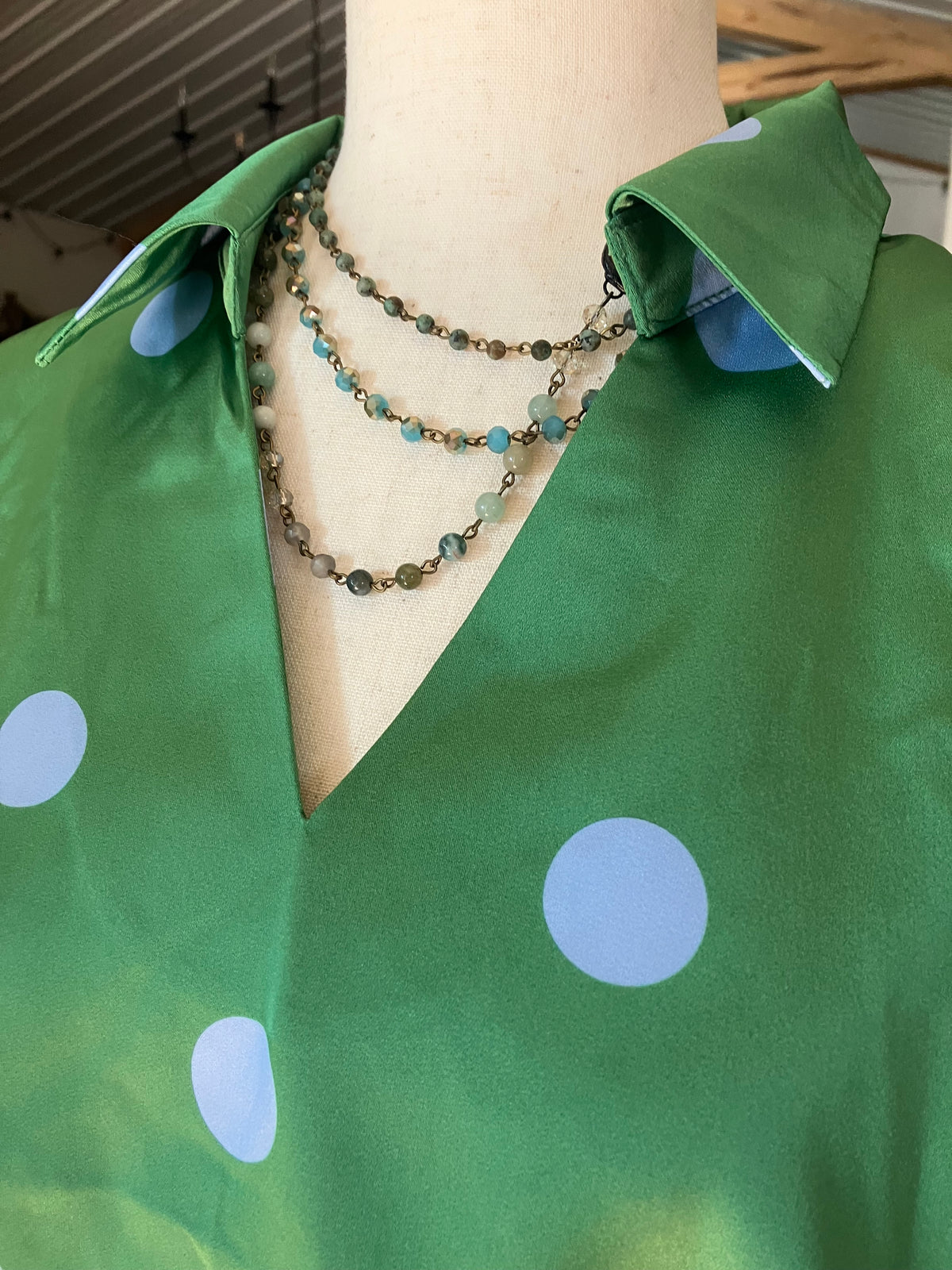 Green Polka Dot Satin V-Neck Top