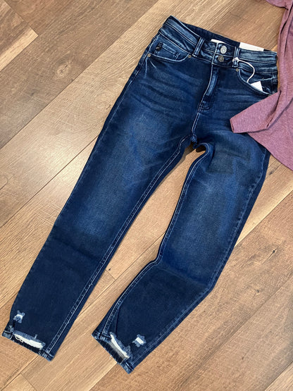 Kan Can High Rise Slim Straight Denim Jeans - Dark Wash Distressed Hem - Women's Fashion