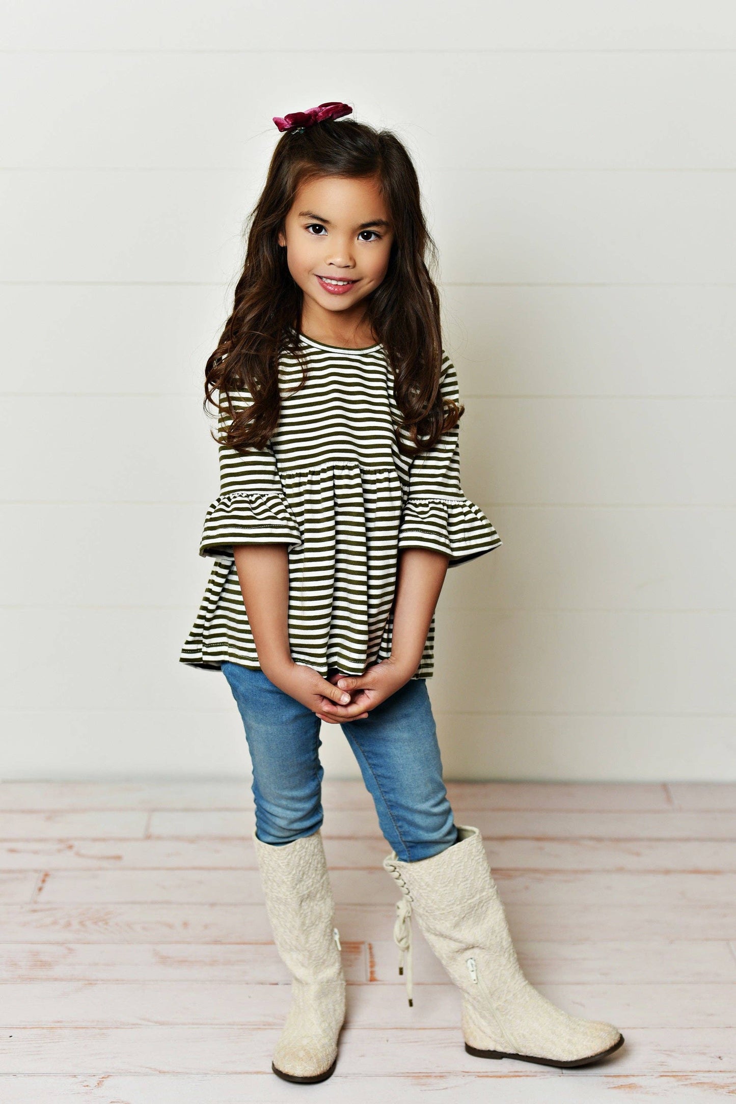 Girls Green Stripe Ruffle Sleeve Shirt Blouse