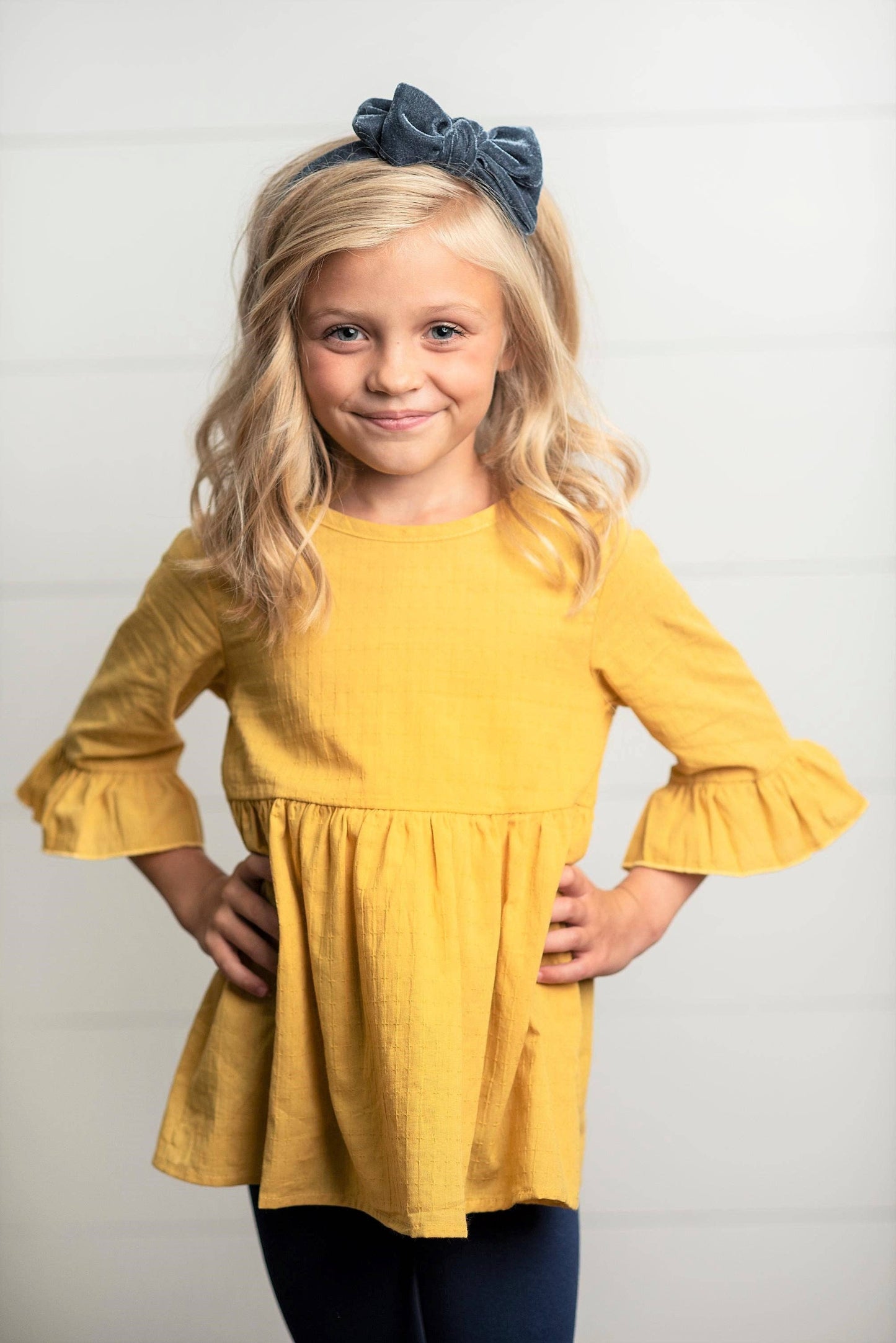 Girls Mustard Ruffle Long Sleeve Shirt With Buttons