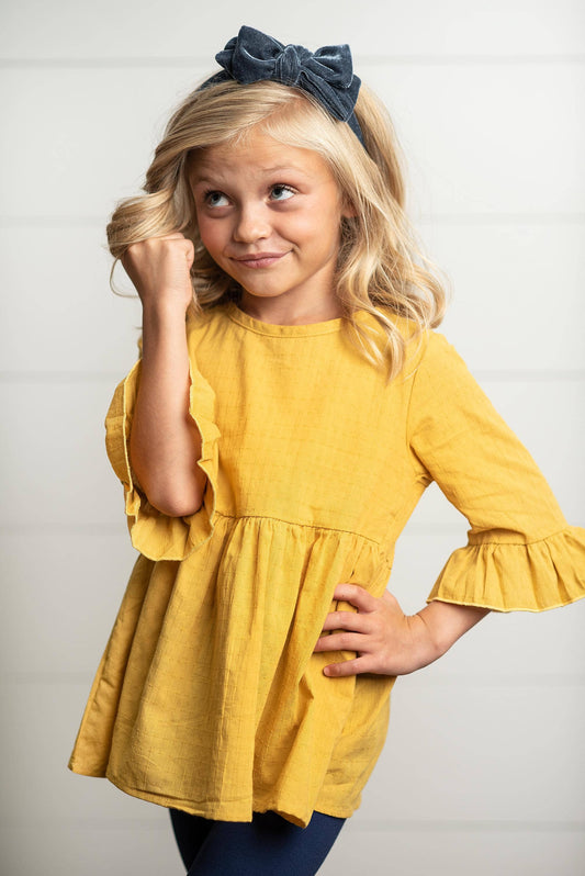 Girls Mustard Ruffle Long Sleeve Shirt With Buttons